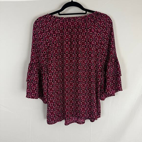 Roz & Ali Pink Patterned Blouse XS, Bell Sleeves, Lightweight Top Christmas - Picture 7 of 7
